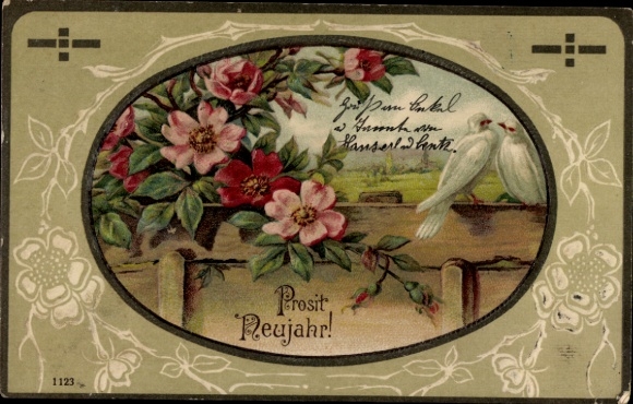 Postcard Kaisheim in Swabia Bavaria, New Year's greeting with flowers and a dove.
