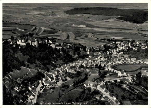 Postcard Harburg an der Wörnitz Swabia, aerial view of Harburg, Wörnitz, castle, fields, houses