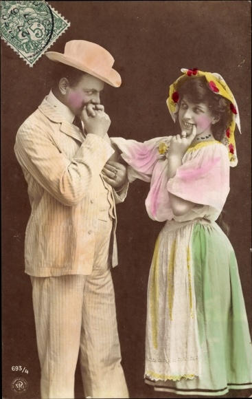 Postcard man in white suit, maid, apron, hand kiss, NPG 693/4