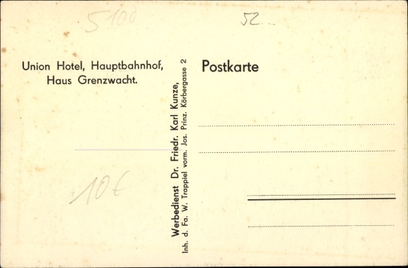 Postcard Aachen in North Rhine-Westphalia, Union Hotel, main station, house border guard