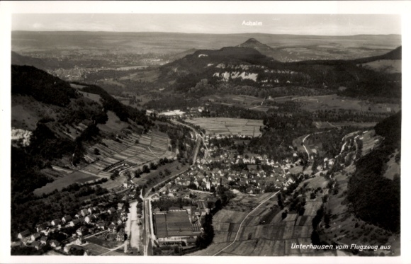 Postcard Unterhausen Lichtenstein in Württemberg, aerial view of Achalm, airplane perspective