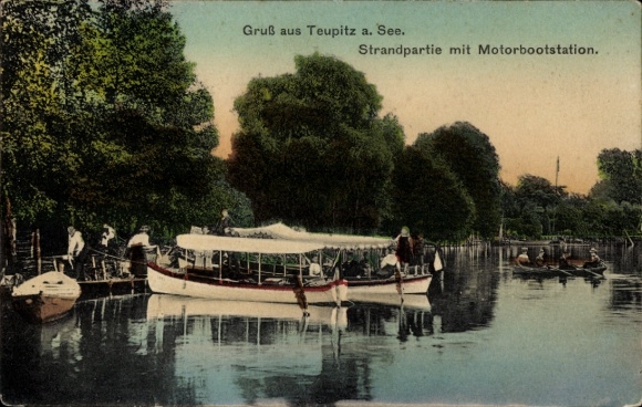 Postcard Teupitz in der Mark, beach area with motorboat station