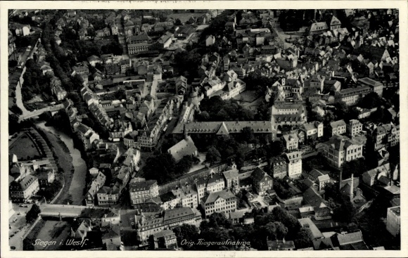 Postcard Siegen in Westphalia, aerial view of meadows and old buildings