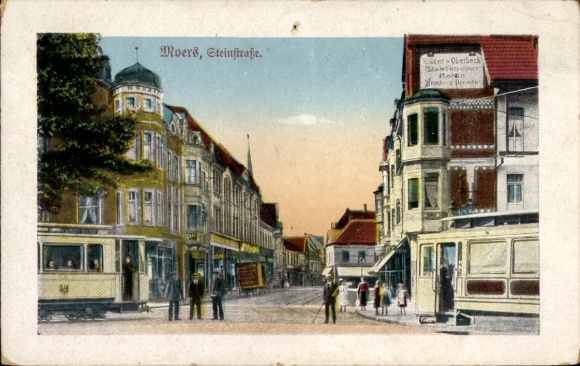 Postcard Moers am Niederrhein, Steinstraße, shop Krüger and Oberbeck Imports, tram