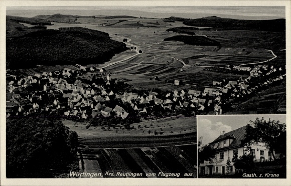 Ak Reutlingen in Württemberg, Luftaufnahme von Würtingen, Gasthaus zur Krone, ländliche Umgebung