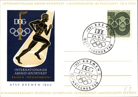Postcard Hansestadt Bremen, international evening sports festival athletics in floodlights 1956