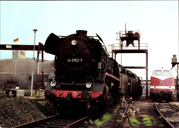 Postcard steam locomotive BR 44.00, 44 0152-7, in the Baltic Sea district, Rostock depot 1980