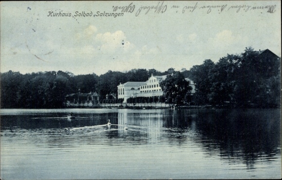 Postcard Bad Salzungen in Thuringia, Kurhaus Solbad lake view, rowers, natural landscape