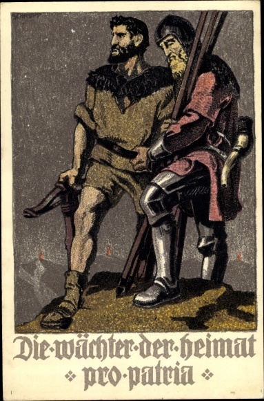 Kunstenaarskaart Zwitsers nationaal feest 1910, de hoeders van het vaderland, Pro Patria, Tell