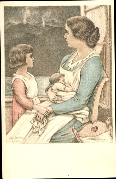 Postwaardestuk kunstenaarskaart Zwitserland, moeder met kinderen, nationale viering 1924