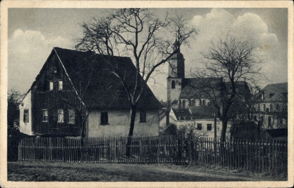 Postcard Glauchau in Saxony, view of church, houses, tree, fence