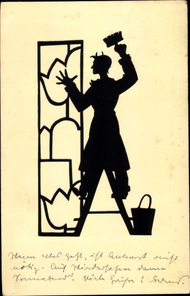 Paper cut Postcard Schwindt, AM, The upholsterer feels like a master