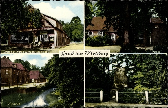 Ak Moisburg in Nedersaksen, winkel, kerk, lokaal gedeelte, gedenkteken