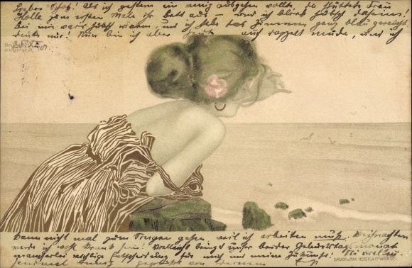 Art Nouveau-kunstenaar litho Kirchner, Raphael, vrouw kijkt uit op zee
