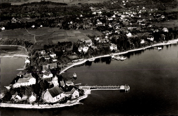 Ak Wasserburg am Bodensee Schwaben, Luftaufnahme von Wasserburg, See, Häuser, Ufer, Natur, Bootss