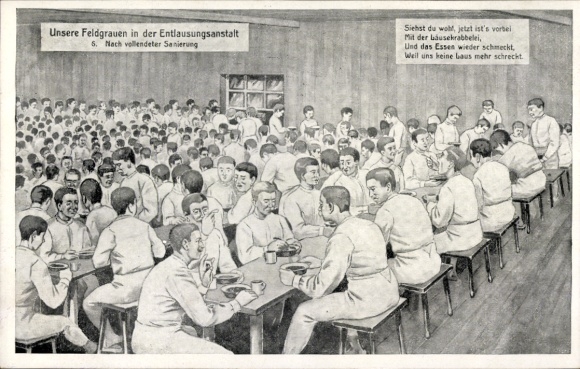 Künstler Ak Unsere Feldgrauen in der Entlausungsanstalt, nach vollendeter Sanierung