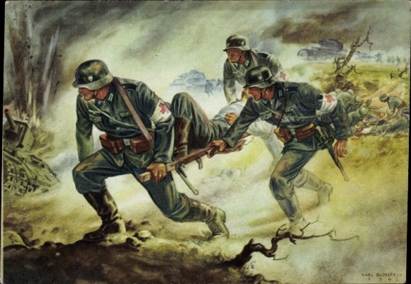 Künstler Ak Bloßfeld, Sanitätsdienst des Heeres an der Front, Verwundetenbergung, 1942