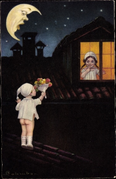 Artist PC Colombo, E. Lovers, bouquet of flowers, face of the moon