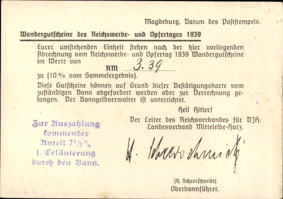 Postcard Magdeburg, hiking vouchers of the Reich Recruitment and Victims Day 1939, Reich Association of Youth Hostels
