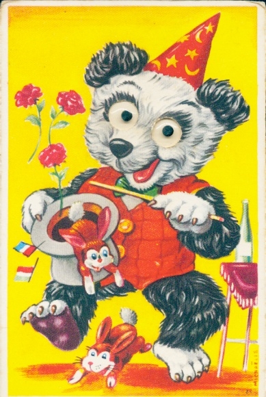Googly eyes artist Postcard Michaelis, bear as a magician, rabbit, hat