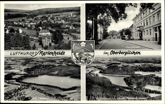 Postcard Marienheide Oberbergischer Kreis, main street, Brucher dam, view of the town, coat of arms