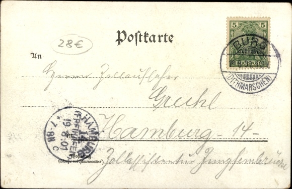 Chromo-Litho castle in Dithmarschen, observation tower, community hall, market square, post office