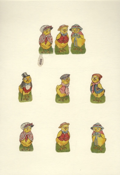 3 er Block und 6 Einzeloblaten Osterküken in menschlicher Kleidung, ca. 5 x 8 cm und 5 x 2,5 cm