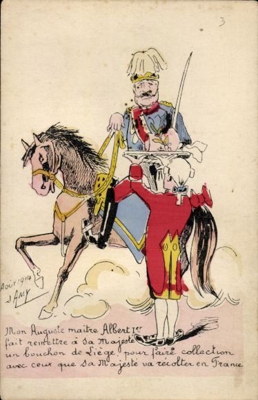 Artist Postcard Kaiser Wilhelm II., French caricature, Liège, Albert I., 1st World War