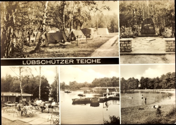 Postcard Lübschütz Machern in Saxony, Lübschützer ponds, monument, campsite, lido, jetty