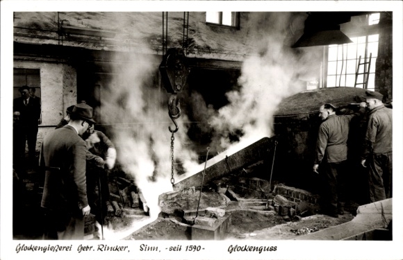Postcard Sinn in Hesse, bell foundry Gebr. Rincker, bell casting