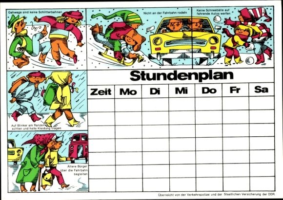 Timetable GDR traffic police and state insurance, children on the road around 1970