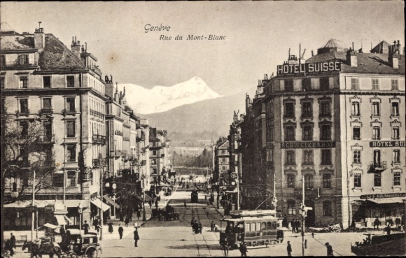 Ak Genf Stadt Schweiz, Genève, Rue du Mont-Blanc, Hotel Suisse, Schweizerro, Tram
