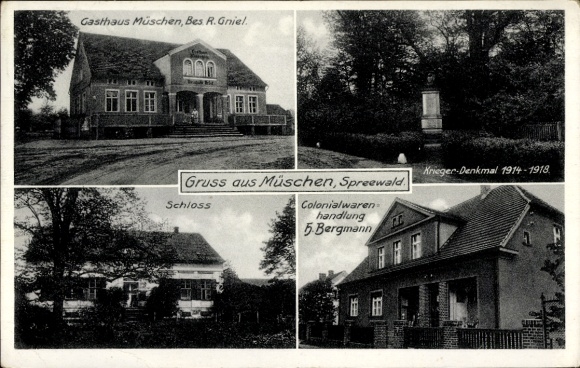 Ansichtkaart Kasteel Müschen in het Spreewald, Inn Müschen, Kasteel, Oorlogsmonument, H. Bergmann Shop