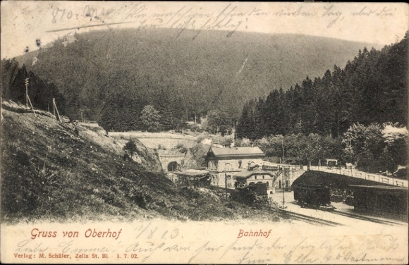 Postcard Oberhof in the Thuringian Forest, train station, landscape, trees, history