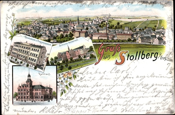 Chromo-Litho Stollberg in the Ore Mountains, town hall, Hoheneck Castle, junior high school and high school