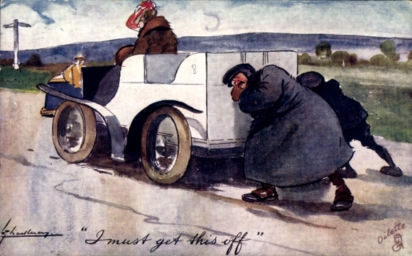 Artist Postcard Thackeray, Lance, Ways of Motors, I must get this off, Men pushing car