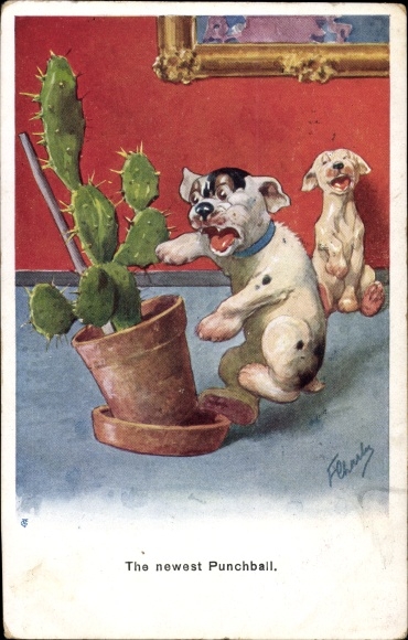Artist Postcard The newest Punchball, dog pricks itself on a cactus