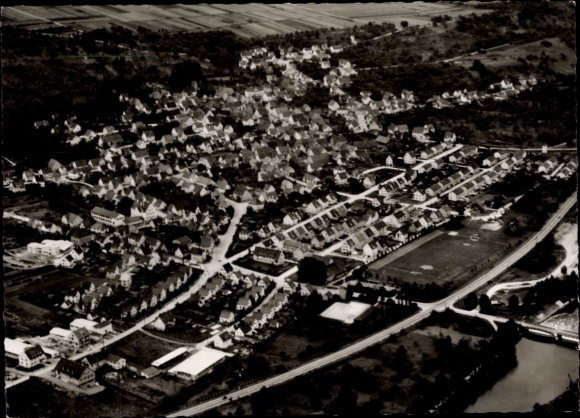 Postcard Deizisau am Neckar, aerial view of residential areas, streets, sports field