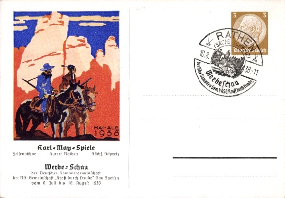 Ganzsachen Ak Kurort Rathen, Felsenbühne, Karl May Spiele, Werbeschau KdF Sammlergruppen 1938
