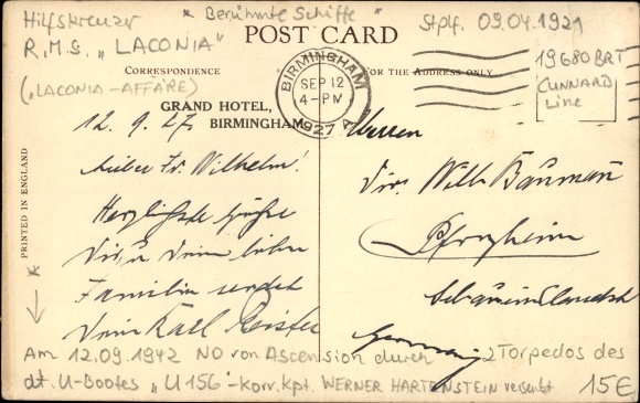 Ak Cunard Line, RMS Laconia, stoomschip, bakboordzijde