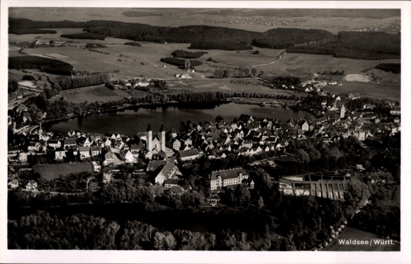 Postcard Waldsee in the Palatinate, aerial view of lake, rural surroundings, architecture
