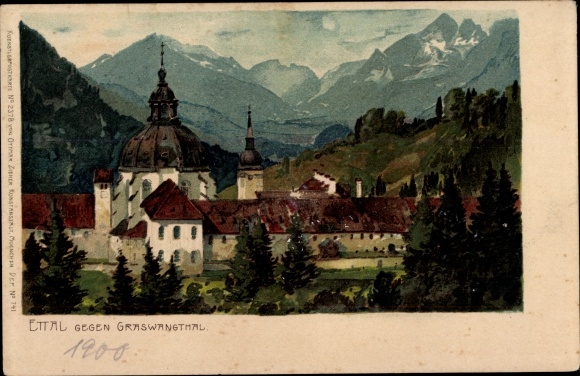 Kunstenaar litho Diemer, Ettal Opper-Beieren, uitzicht richting Graswangthal, klooster, bergen, Zieher