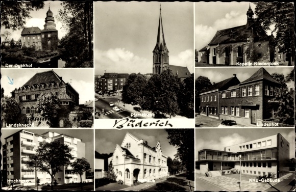 Postcard Büderich Meerbusch on the Lower Rhine, Lindenhof, parish church, skyscraper