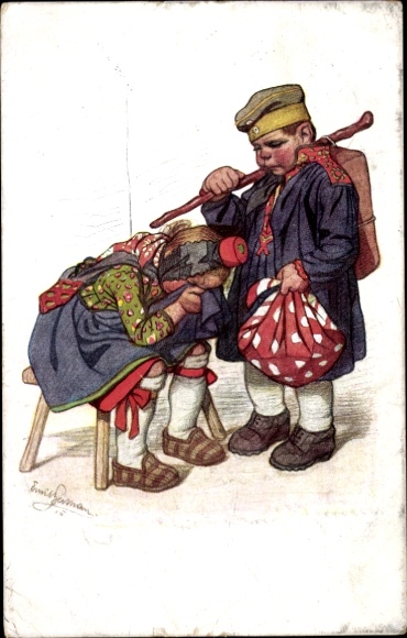 Artist PC Beithan, Emil, soldier says goodbye to woman in Hessian costume