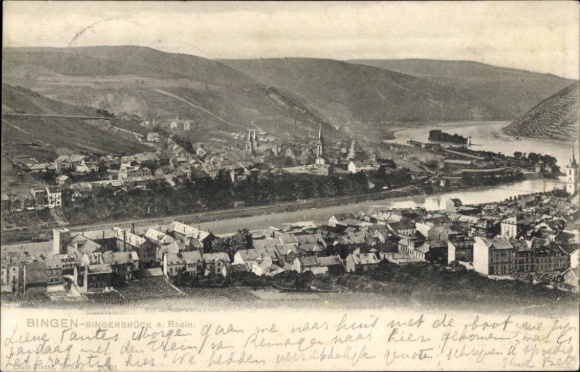 Postcard Bingen am Rhein, Bingen-Bingerbrock, river landscape, houses, churches
