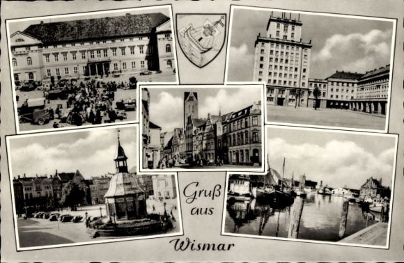 Postcard Hanseatic City of Wismar, Market Square, Town Hall, Coat of Arms