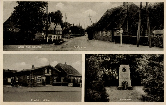 Postcard Klixbüll in North Friesland, village party, Friedrich Müller shop, memorial