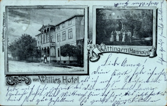 Mondschein Ak Wittingen in Niedersachsen, Willies Hotel, Musikpavillon im Hotelpark