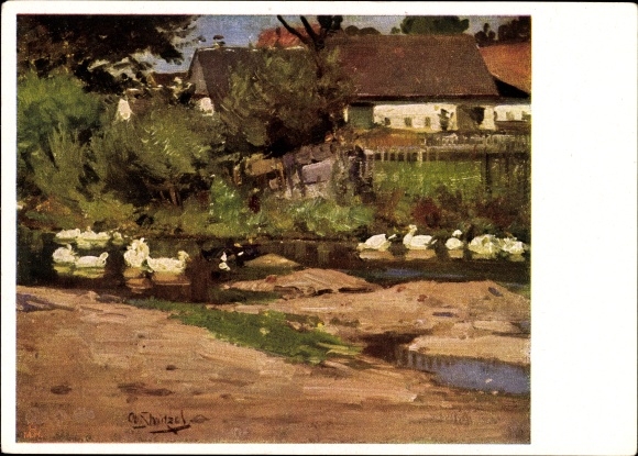 Artist PC Strützel, O., Dorfbach, ducks, houses