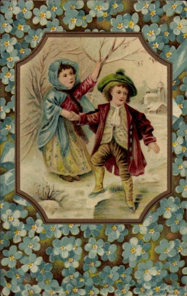 Embossed Passepartout Postcard Children in Winter Clothes, Forget-me-not